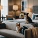 Pet-friendly luxury hotel room with cozy decor and amenities.