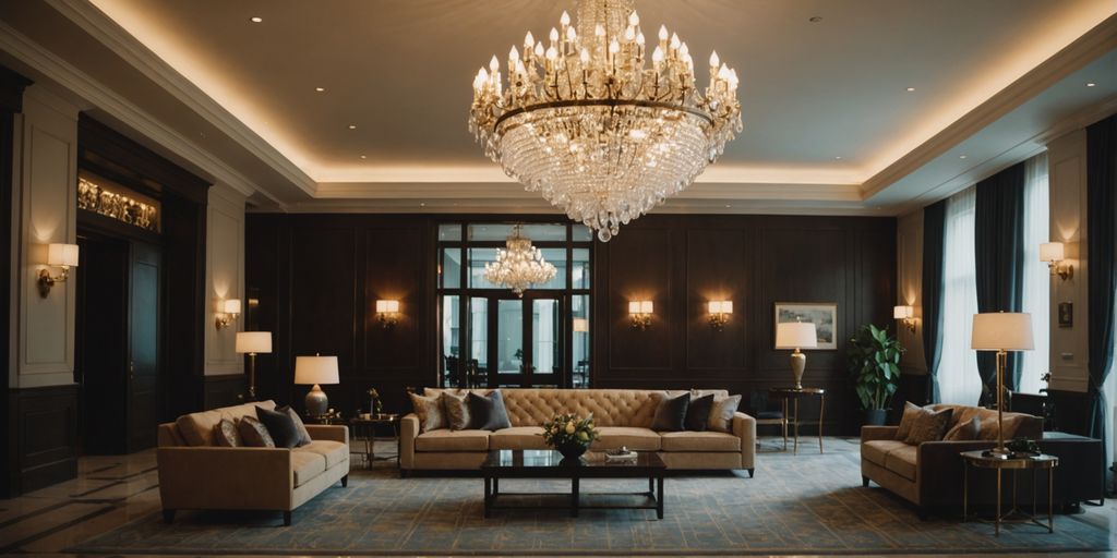 Luxurious hotel lobby with chandelier and plush seating.