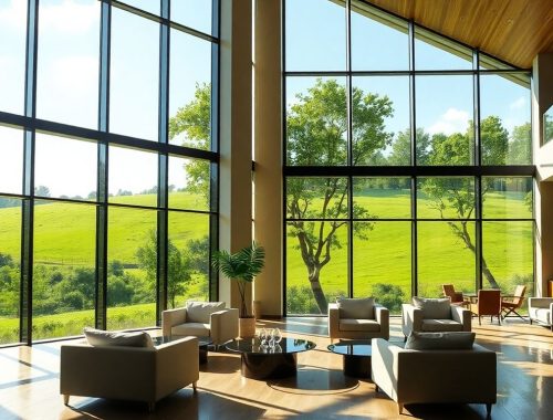 Luxuriöses Hotel mit grüner Aussicht und natürlichem Design.